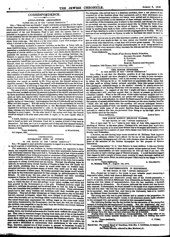 “The Conversionists in Edinburgh” - letter by J.Furst printed in Jewish Chronicle; (Jewish Chronicle, 6/08/1886)